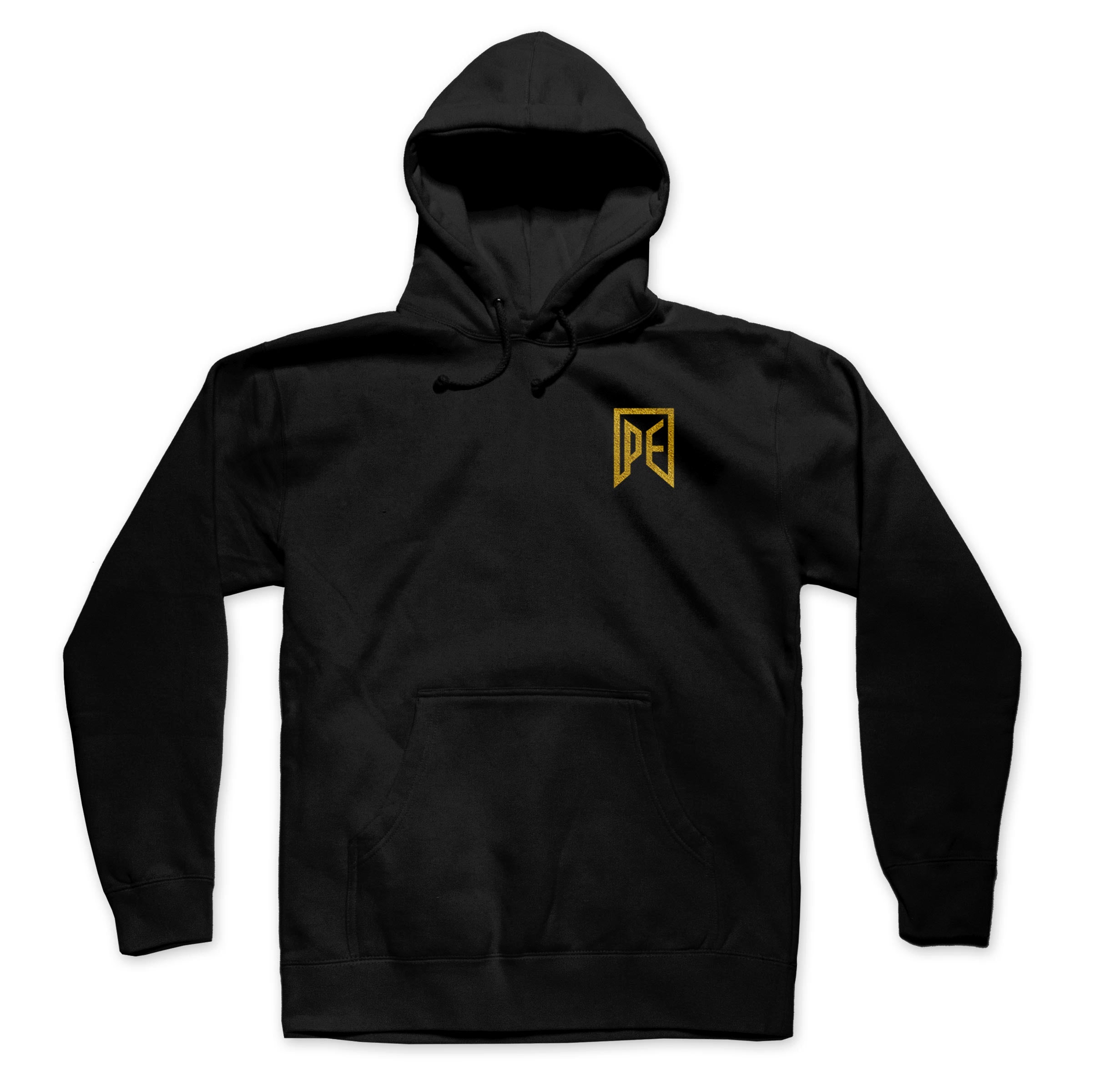 Black hoodie with Angels & Demons design on the back and small logo on the front