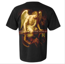 Load image into Gallery viewer, Black t-shirt with angel &amp; demon design on the back and logo on the front
