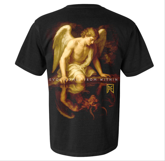 Black t-shirt with angel & demon design on the back and logo on the front