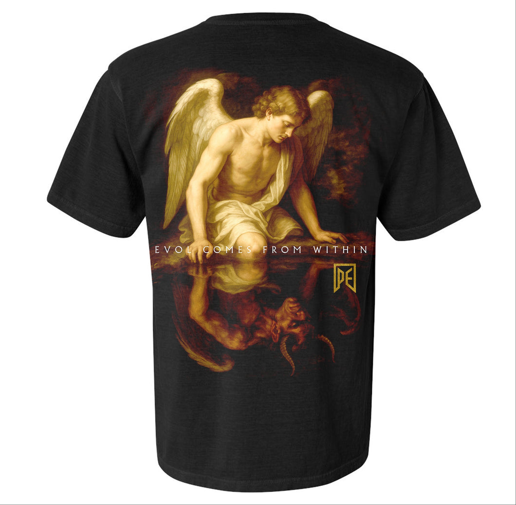 Black t-shirt with angel & demon design on the back and logo on the front