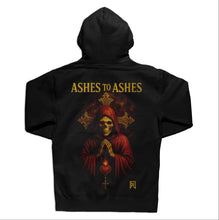 Load image into Gallery viewer, Black hoodie with Ashes To Ashes design on the back and detailed logo on the front
