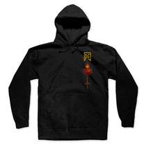 Load image into Gallery viewer, Black hoodie with Ashes To Ashes design on the back and detailed logo on the front.
