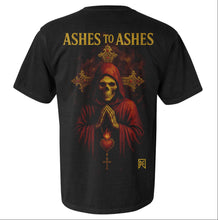 Load image into Gallery viewer, Black t-shirt with graphic design on front and back, featuring gothic skeleton design and Ashes To Ashes design.
