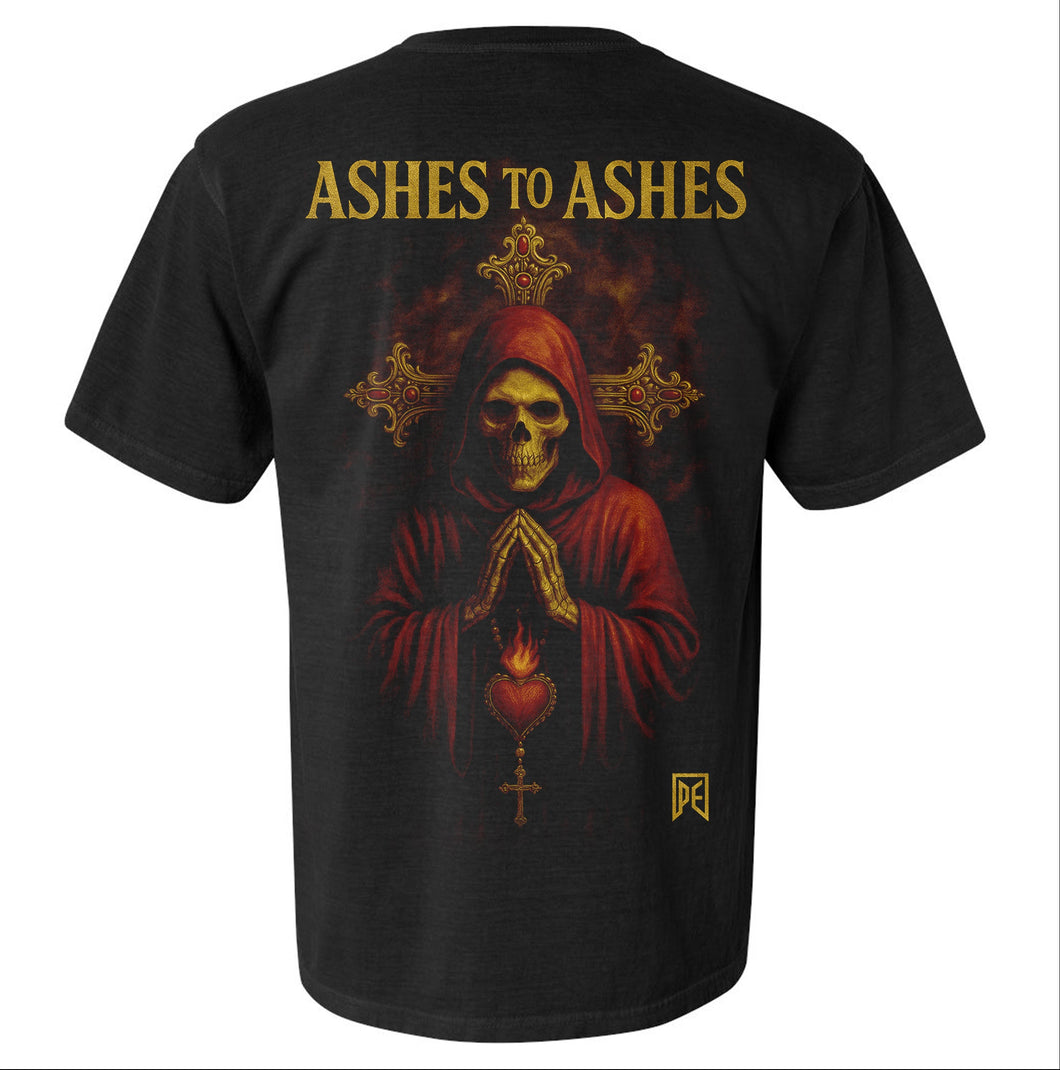 Black t-shirt with graphic design on front and back, featuring gothic skeleton design and Ashes To Ashes design.