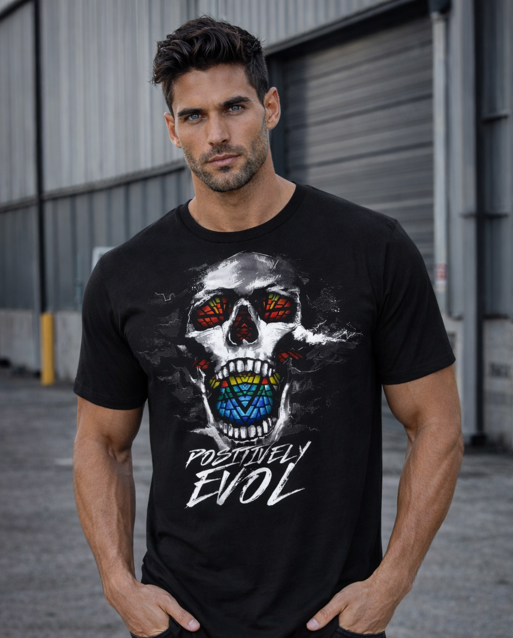 STAINED GLASS SKULL - PREMIUM MEN'S S/S LONG BODY T-SHIRT - BLACK