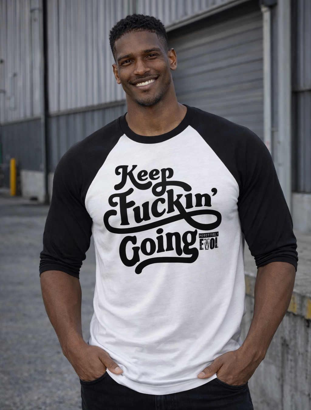 KEEP F$#@ING GOING - 3/4 SLEEVE PREMIUM BASEBALL TEE - WHITE/BLACK