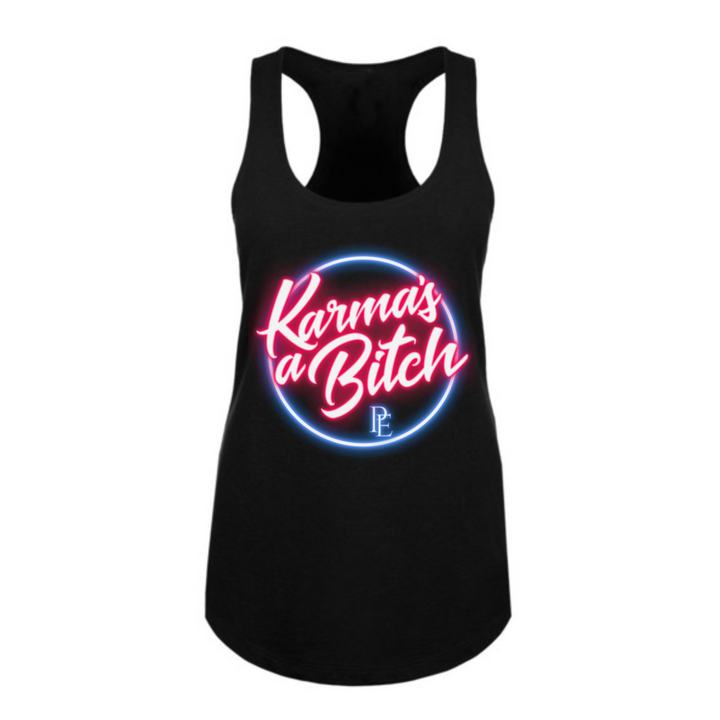 KARMA'S A BITCH - PREMIUM WOMEN'S RACERBACK TANKTOP - BLACK