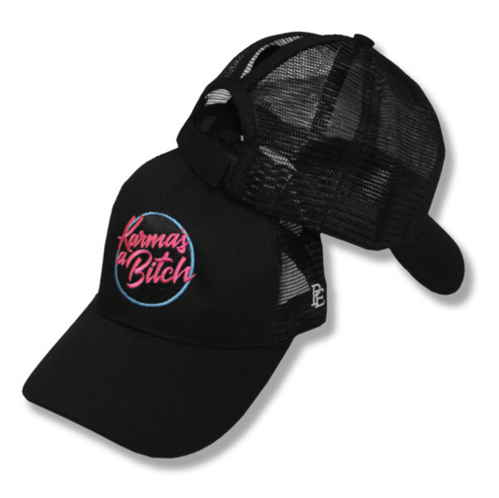 KARMA'S A BITCH - WOMEN'S PREMIUM HAT W/ PONYTAIL OPENING - BLACK