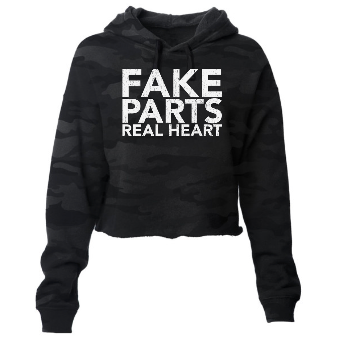 FAKE PARTS REAL HEART - PREMIUM LADIES LIGHTWEIGHT CROPPED HOODIE - BLACK CAMO